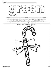 Free Christmas candy cane color green coloring page and color worksheet, green worksheet for preschoolers to learn colors, printable PDF