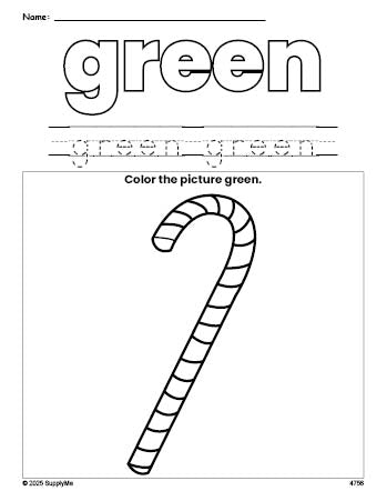 Free Christmas candy cane color green coloring page and color worksheet, green worksheet for preschoolers to learn colors, printable PDF