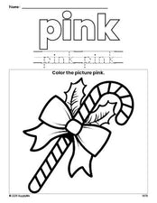 Free Christmas candy cane color pink coloring page and color worksheet, pink worksheet for preschoolers to learn colors, printable PDF