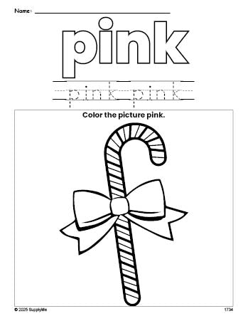 Free Christmas candy cane color pink coloring page and color worksheet, pink worksheet for preschoolers to learn colors, printable PDF