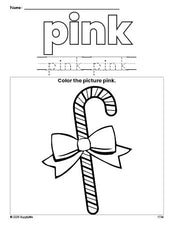 Free Christmas candy cane color pink coloring page and color worksheet, pink worksheet for preschoolers to learn colors, printable PDF