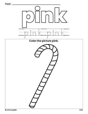 Free Christmas candy cane color pink coloring page and color worksheet, pink worksheet for preschoolers to learn colors, printable PDF