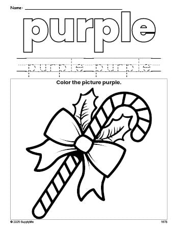 Free Christmas candy cane color purple coloring page and color worksheet, purple worksheet for preschoolers to learn colors, printable PDF