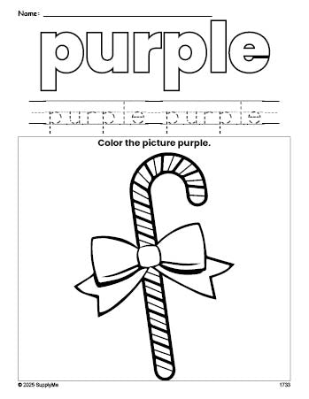 Free Christmas candy cane color purple coloring page and color worksheet, purple worksheet for preschoolers to learn colors, printable PDF