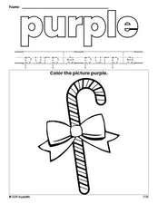 Free Christmas candy cane color purple coloring page and color worksheet, purple worksheet for preschoolers to learn colors, printable PDF