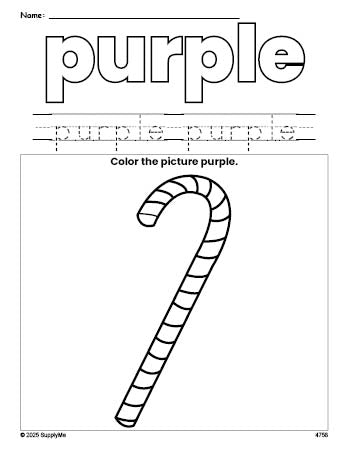 Free Christmas candy cane color purple coloring page and color worksheet, purple worksheet for preschoolers to learn colors, printable PDF