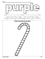 Free Christmas candy cane color purple coloring page and color worksheet, purple worksheet for preschoolers to learn colors, printable PDF