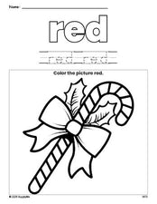 Free Christmas candy cane color red coloring page and color worksheet, red worksheet for preschoolers to learn colors, printable PDF