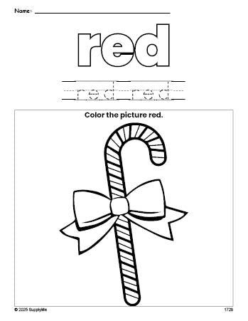 Free Christmas candy cane color red coloring page and color worksheet, red worksheet for preschoolers to learn colors, printable PDF