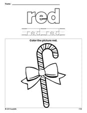 Free Christmas candy cane color red coloring page and color worksheet, red worksheet for preschoolers to learn colors, printable PDF