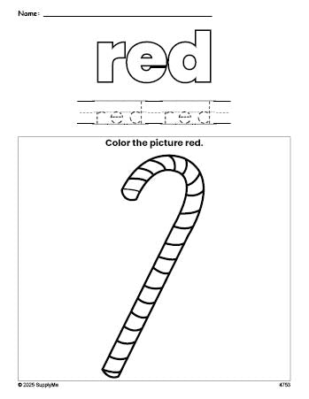 Free Christmas candy cane color red coloring page and color worksheet, red worksheet for preschoolers to learn colors, printable PDF