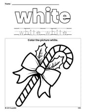 Free Christmas candy cane color white coloring page and color worksheet, white worksheet for preschoolers to learn colors, printable PDF