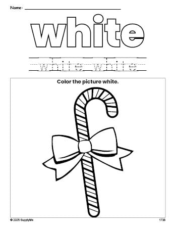 Free Christmas candy cane color white coloring page and color worksheet, white worksheet for preschoolers to learn colors, printable PDF