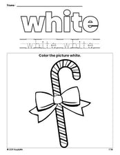 Free Christmas candy cane color white coloring page and color worksheet, white worksheet for preschoolers to learn colors, printable PDF