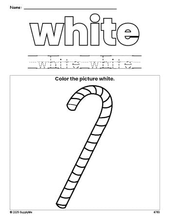 Free Christmas candy cane color white coloring page and color worksheet, white worksheet for preschoolers to learn colors, printable PDF