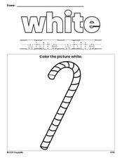 Free Christmas candy cane color white coloring page and color worksheet, white worksheet for preschoolers to learn colors, printable PDF