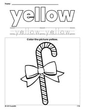 Free Christmas candy cane color yellow coloring page and color worksheet, yellow worksheet for preschoolers to learn colors, printable PDF