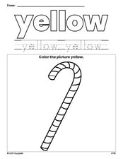 Free Christmas candy cane color yellow coloring page and color worksheet, yellow worksheet for preschoolers to learn colors, printable PDF