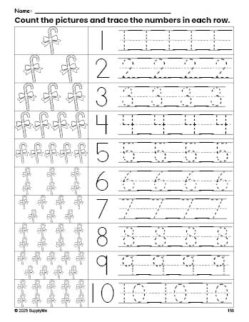 Free printable Christmas candy cane counting worksheet for preschool and pre-k with number tracing practice 1-10, PDF