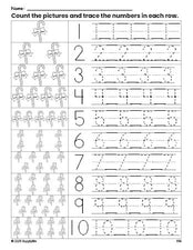 Free printable Christmas candy cane counting worksheet for preschool and pre-k with number tracing practice 1-10, PDF