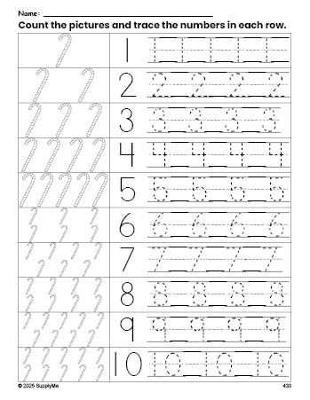 Free printable Christmas candy cane counting worksheet for preschool and pre-k with number tracing practice 1-10, PDF