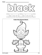 Free Christmas elf color black coloring page and color worksheet, black worksheet for preschoolers to learn colors, printable PDF