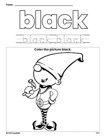 Free Christmas elf color black coloring page and color worksheet, black worksheet for preschoolers to learn colors, printable PDF