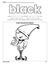 Free Christmas elf color black coloring page and color worksheet, black worksheet for preschoolers to learn colors, printable PDF