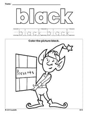 Free Christmas elf color black coloring page and color worksheet, black worksheet for preschoolers to learn colors, printable PDF