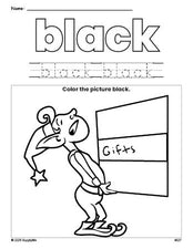 Free Christmas elf color black coloring page and color worksheet, black worksheet for preschoolers to learn colors, printable PDF