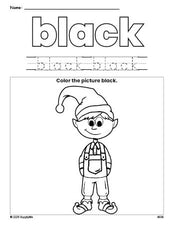 Free Christmas elf color black coloring page and color worksheet, black worksheet for preschoolers to learn colors, printable PDF