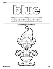 Free Christmas elf color blue coloring page and color worksheet, blue worksheet for preschoolers to learn colors, printable PDF