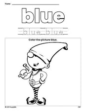 Free Christmas elf color blue coloring page and color worksheet, blue worksheet for preschoolers to learn colors, printable PDF