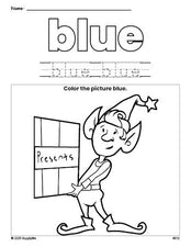 Free Christmas elf color blue coloring page and color worksheet, blue worksheet for preschoolers to learn colors, printable PDF