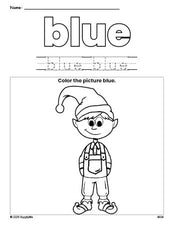 Free Christmas elf color blue coloring page and color worksheet, blue worksheet for preschoolers to learn colors, printable PDF