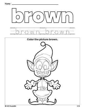 Free Christmas elf color brown coloring page and color worksheet, brown worksheet for preschoolers to learn colors, printable PDF