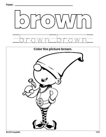 Free Christmas elf color brown coloring page and color worksheet, brown worksheet for preschoolers to learn colors, printable PDF