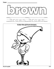 Free Christmas elf color brown coloring page and color worksheet, brown worksheet for preschoolers to learn colors, printable PDF