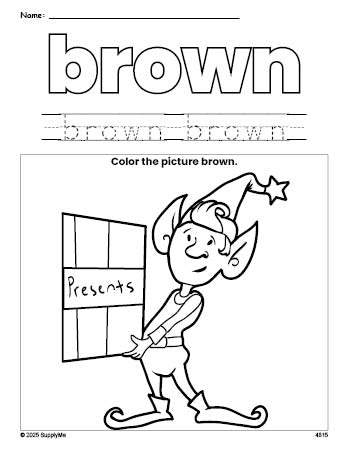 Free Christmas elf color brown coloring page and color worksheet, brown worksheet for preschoolers to learn colors, printable PDF