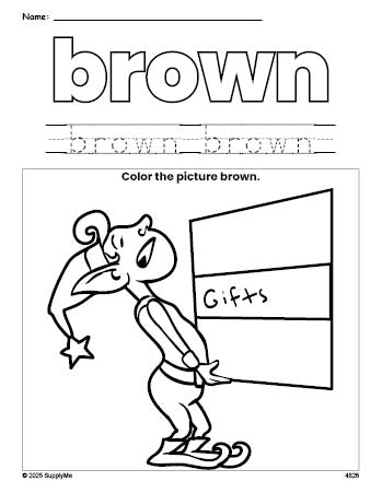 Free Christmas elf color brown coloring page and color worksheet, brown worksheet for preschoolers to learn colors, printable PDF