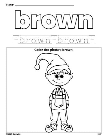 Free Christmas elf color brown coloring page and color worksheet, brown worksheet for preschoolers to learn colors, printable PDF