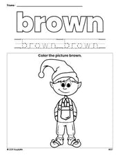 Free Christmas elf color brown coloring page and color worksheet, brown worksheet for preschoolers to learn colors, printable PDF