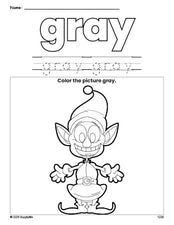 Free Christmas elf color gray coloring page and color worksheet, gray worksheet for preschoolers to learn colors, printable PDF