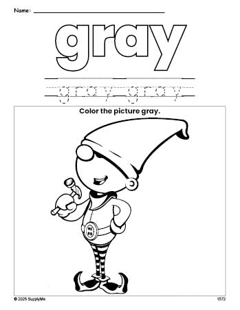 Free Christmas elf color gray coloring page and color worksheet, gray worksheet for preschoolers to learn colors, printable PDF