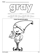 Free Christmas elf color gray coloring page and color worksheet, gray worksheet for preschoolers to learn colors, printable PDF