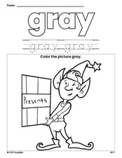 Free Christmas elf color gray coloring page and color worksheet, gray worksheet for preschoolers to learn colors, printable PDF