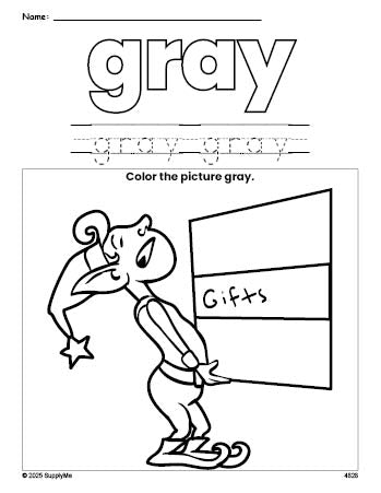 Free Christmas elf color gray coloring page and color worksheet, gray worksheet for preschoolers to learn colors, printable PDF