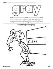 Free Christmas elf color gray coloring page and color worksheet, gray worksheet for preschoolers to learn colors, printable PDF