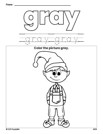 Free Christmas elf color gray coloring page and color worksheet, gray worksheet for preschoolers to learn colors, printable PDF