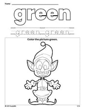 Free Christmas elf color green coloring page and color worksheet, green worksheet for preschoolers to learn colors, printable PDF